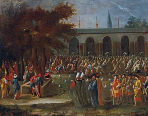 Der niederländische Botschafter mit seinem Gefolge wird von Sultan Ahmed III. im Topkapi-Palast, Istanbul empfangen