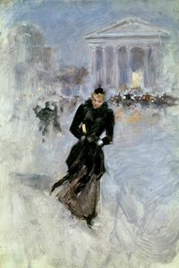 Junge elegante Frau mit Boa in der Rue Royale in Paris. Gemälde von Jean Béraud. Tours, Musée des Beaux Arts