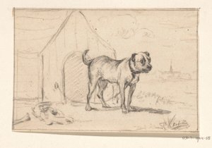 Angeleinter Hund, vor seiner Hütte stehend von Jean Bernard