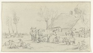 Bauernhof mit Vieh und melkender Frau von Jean Bernard