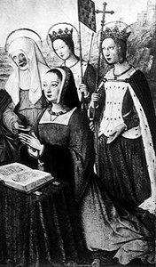Anne von Bretagne mit St. Anne, St. Ursula und St. Helena, Miniatur aus den Grandes Heures von Anne von Bretagne