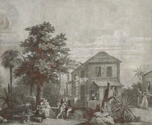 Familienzeit, Tapetenpaneel aus der Serie "Paul et Virginie", von Dufour & Cie, ca. 1823