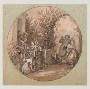Entwurf für einen bemalten Porzellanteller, Gartenszene aus dem Service de la Culture des Fleurs (Blumenkulturdienst) von Jean Charles Develly