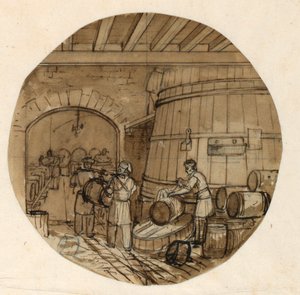 Entwurf für einen bemalten Porzellanteller, Innenansicht einer Weindestillerie, 1831–44
