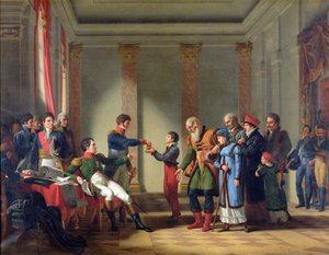 Napoleon Bonaparte (1769-1821) gibt dem Polen Nerecki, 117 Jahre alt, eine Pension von hundert Napoleon, Januar 1807, 1812 von Jean Charles Tardieu
