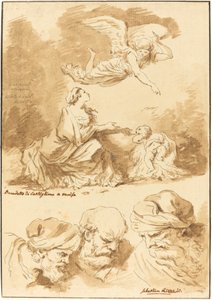 Hagar wird von einem Engel getröstet (nach einem Gemälde von Castiglione) und Drei Köpfe alter Männer (nach einem Gemälde von Ricci von Jesus und der Ehebrecherin) von Jean Claude Richard de Saint Non after Jean Honoré Fragonard