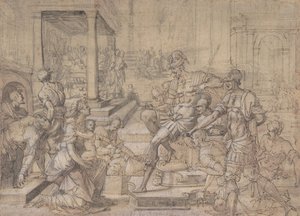 Amya bittet Faustus um das Sorgerecht für den heiligen Mamas, ca. 1543 von Jean Cousin