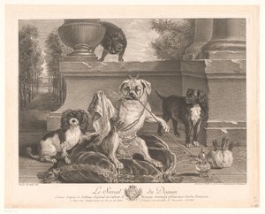 Drei Hunde, von denen einer verkleidet auf einer Terrasse ist von Jean Daullé