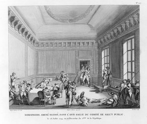 Robespierre verletzt, in den Vorraum des Wohlfahrtsausschusses gebracht am 28. Juli 1794, graviert von Pierre Gabriel Berthault (1748-1819) von Jean Duplessi Bertaux