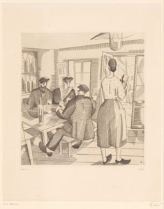 Caféinterieur mit Kunden und Kellnerin