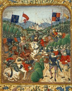 Schlacht von Azincourt (1415). Während des Hundertjährigen Krieges besiegte Heinrich V. von England die französische Armagnacs-Partei - in „Grandes Chroniques de France“ von Jean Fouquet, um 1467 - 1476. Victoria & Albert Library von Jean Fouquet