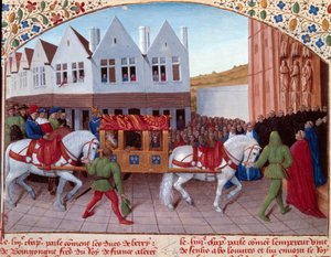Einzug von Karl IV., deutscher Kaiser, 1378 in Saint-Denis. Miniatur aus „Große Chroniken von Frankreich“ (Folio 442). Illuminiert von Jean Fouquet