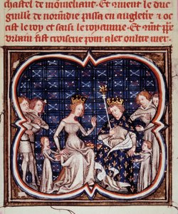König von Frankreich Philipp I. (1052-1108) mit seiner Frau Berthe von Holland und ihren Kindern Constance von Frankreich (1078-1125) und Ludwig VI. (1081-1137). Miniatur aus „Les grandes chroniques de France“ (ms. fr. 2813 fol. 182) 1375-1380 Paris, B.N. von Jean Fouquet