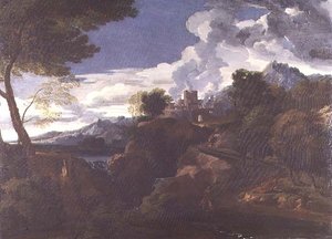 Landschaft mit brennender Stadt