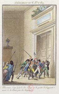 Mob von Parisern greift die Wache am Eingang zu den Gemächern der Königin in Versailles an und tötet sie, 6. Oktober 1789 von Jean Francois Janinet