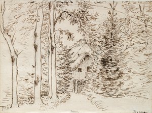 Pfad durch den Wald zu einem strohgedeckten Haus
