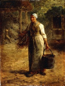 Frau, die Brennholz und einen Eimer trägt, ca. 1858-60