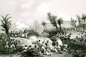Schwarzer Aufstand in Santo Domingo, 16. September 1802, aus "Histoire Universelle du XIXe siècle", nach Martinet