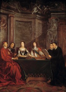 Der Rat des Gewissens: Der heilige Vinzenz von Paul, Leiter des Gewissensrates, liest vor Kardinal Jules Mazarin, Pierre Seguier, Königin Anna von Österreich und Ludwig XIV.