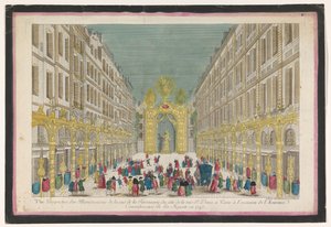 Ansicht der Dekoration der Rue de la Feronnerie in Paris anlässlich der Genesung von Ludwig XV., König von Frankreich, im Jahr 1745 von Jean François Daumont