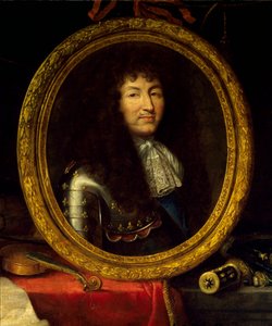 Porträt von Ludwig XIV., König von Frankreich (1638-1715), Beschützer der Künste und Wissenschaften. Das Porträt des Königs ist umgeben von Musikinstrumenten (Viola da Gamba, Violine, Gitarre) und wissenschaftlichen Instrumenten (Quadrat, Himmelsglobus, Ko von Jean Garnier