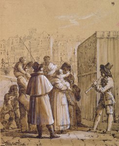 Zuschauer beobachten eine Pulcinella-Show in der Nähe der Pont des Arts in Paris von Jean Henri Marlet
