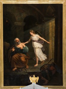 Pfarrkirche (Nederbrakel, Parochiekerk Sint-Pieter-in-de-Banden). Innenraum. Gemälde. "Der heilige Petrus von dem Engel befreit und Thomas". Jean-Henri De Coene. Ca 1835 von Jean Henri de Coene