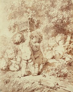 Sechs Putti beim Spielen, zwei halten einen Käfig hoch
