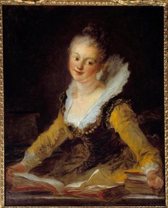 Studie. Eine Frau in ihrem Büro blättert durch Bücher, um zu lernen. Gemälde von Jean-Honoré Fragonard (1732-1806)