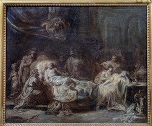 Die Familie versammelt sich um einen alten Mann, der sein Testament diktiert. Vorbereitungszeichnung von Jean Baptiste Fragonard (1732-1806) 18. Jahrhundert
