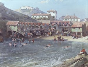 Der Beginn des Seeschwimmens im Alten Hafen von Biarritz, 1858 (Detail) von Jean Jacques Alban de Lesgallery