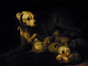 Die Hündin säugt ihre Welpen, Detail nach einem Original von Jean-Baptiste Oudry