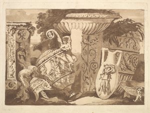 Komposition mit antiken Fragmenten und einer lehnenden Vase, aus Recueil de Compositions..., 1782-84 von Jean Jacques Lagrenee