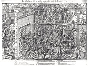 Das Massaker an der protestantischen Bevölkerung durch die Truppen des Herzogs von Guise in Wassy-sur-Blaise, 1. März 1562, graviert von Jacques Tortorel (1568-92)