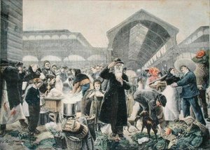 Suppenstand auf dem Les Halles Markt am Morgen, Illustration aus Le Petit Journal, 2. März 1897, graviert von Fortune-Louis Meaulle (1844-1901)