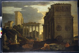 Capriccio-Ansicht mit Figuren bei einem Triumphbogen und den Tempeln des Saturn und Jupiter Tonans von Jean Lemaire
