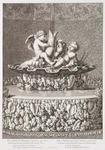 Brunnen mit zwei Amoren, die auf einem Flusskrebs reiten, entworfen von Jacques Houseau, in Versailles, 1677 von Jean Lepautre
