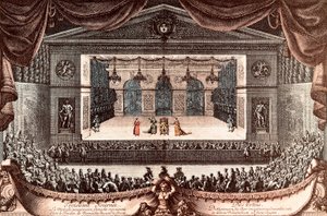 "Der eingebildete Kranke" von Jean Baptiste Poquelin genannt Molière in Versailles (farbige Gravur)