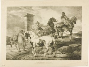 Pferde auf dem Weg zu einem Jahrmarkt, Platte 3 aus Verschiedene Motive nach dem Leben auf Stein gezeichnet von Jean Louis André Théodore Géricault