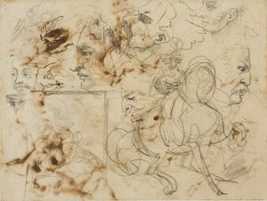 Skizzen von Männergesichtern, Pferdeschnauzen und berittenen Soldaten von Jean Louis André Théodore Géricault