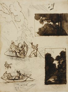 Skizzen eines Waldpfades und einer musikalischen Bootsparty von Jean Louis André Théodore Géricault