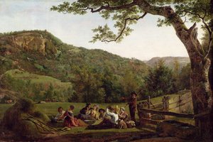Heuarbeiter beim Picknick auf einem Feld