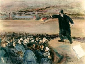 Ein Agitator vor den Arbeitern. Ein Anführer der Arbeiterbewegung fordert in einer Rede die Rechte der Arbeiter. Jean-Louis Forain (1852-1931) 20. Jahrhundert. Privatsammlung