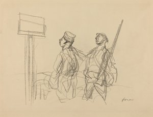 Zwei Soldaten betrachten ein Plakat, wahrscheinlich 1918