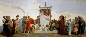 Dante Alighieri, Diogenes der Zyniker, Sokrates und Homer sind im Publikum. Gemälde von Jean Louis Hamon (1821-1874)