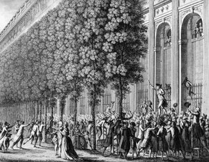 Französische Revolution: Rede im Königspalast von Camille Desmoulins am 12. Juli 1789. Gravur von Berthaut nach Prieur