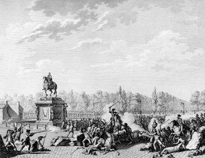 Französische Revolution: Place Louis XV, die Drachen von Charles Eugene de Lorraine, Prinz von Lambesc (1754-1825) griffen einen Umzug an, der die Büsten von Jacques Necker (1732-1804) und dem Herzog von Orleans am 12. Juli 1789 trug. Gravur von Berthaut n von Jean Louis II (after) Prieur