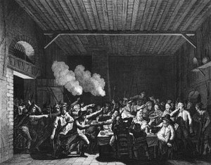 Französische Revolution: Die Patrioten von Varennes betreten den Lebensmittelladen Sauce und erkennen König Ludwig XVI. (1754-1793) auf der Flucht von Jean Louis II (after) Prieur