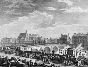 Französische Revolution: Triumph von François Marie Arouet, genannt Voltaire, am 11. Juli 1791. Gravur von Berthaut nach Prieur von Jean Louis II (after) Prieur