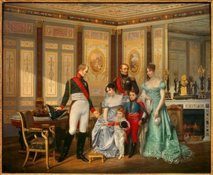 Die Kaiserin Josephine de Beauharnais (1763-1814) empfängt den Zaren Alexander I. (1777-1825), dem sie im Mai 1814 ihre Kinder empfiehlt. Die Kaiserin ist umgeben von Eugene Rose de Beauharnais, genannt Prinz Eugene (1781-1824), Hortense de Beauharnais (17 von Jean Louis Victor Viger du Vigneau